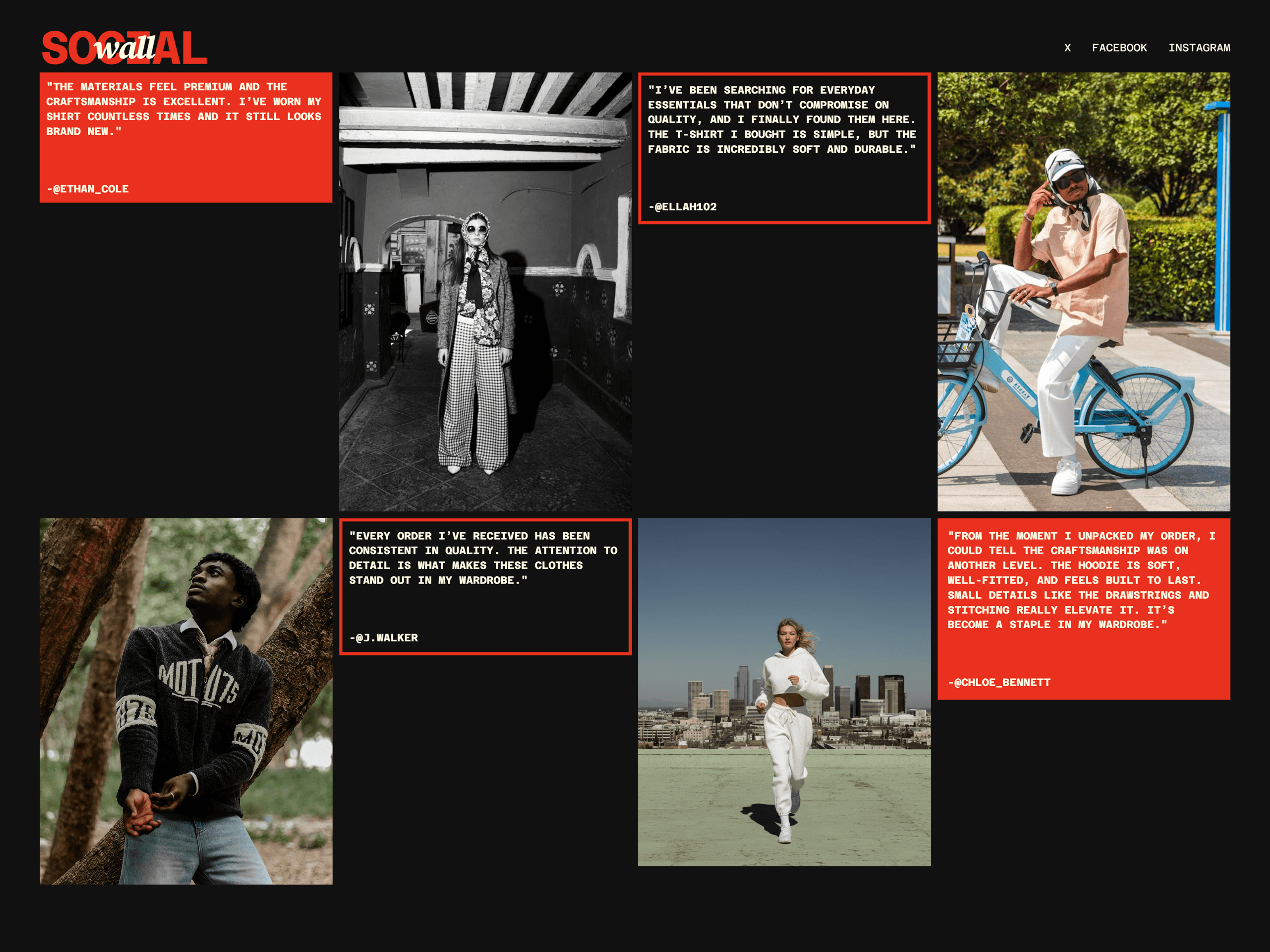 Fashion editorial grid layout with bold red accents