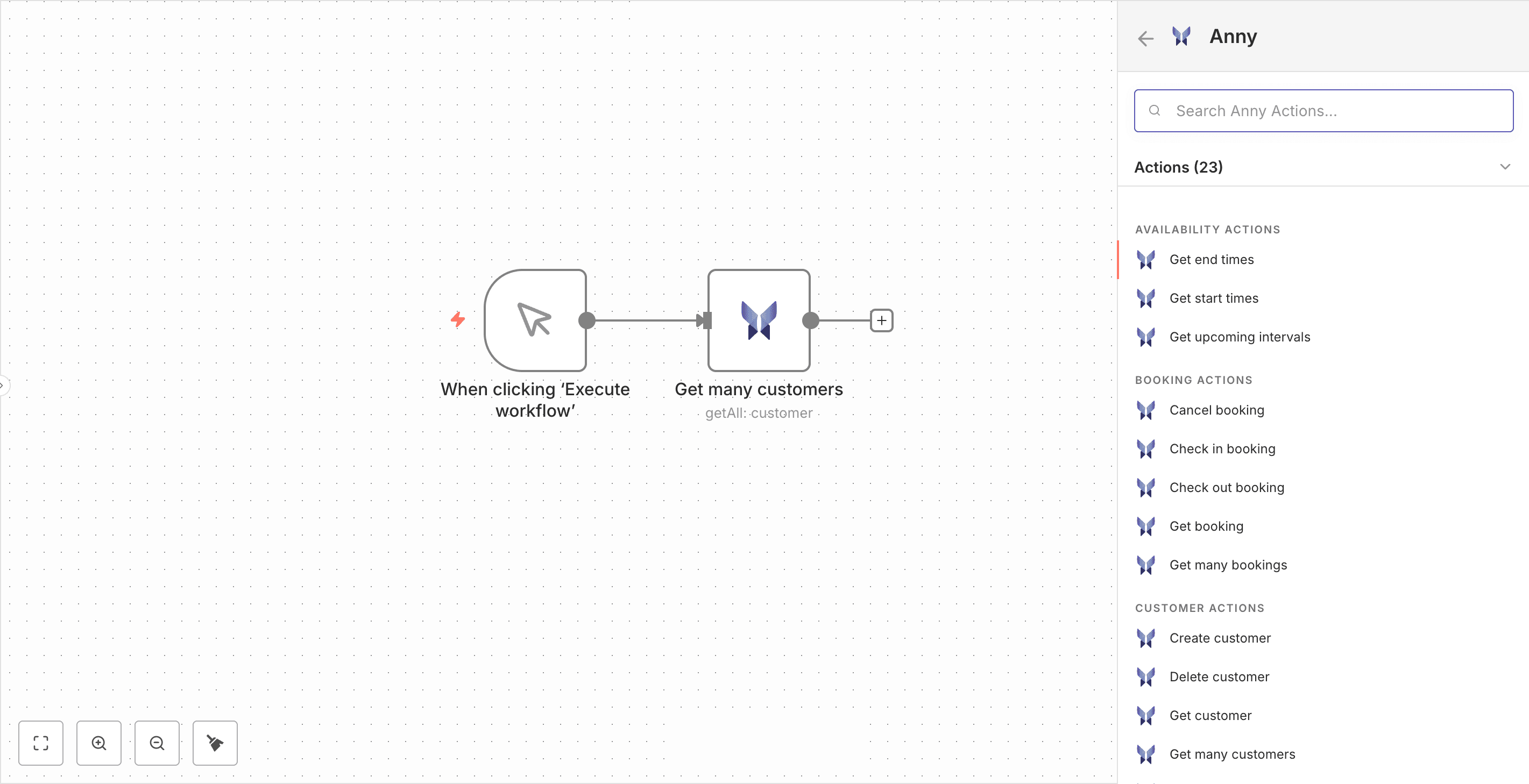 In n8n können Apps einfach ber Drag and Drop mit de, Buchungssystem anny verbunden werden.
