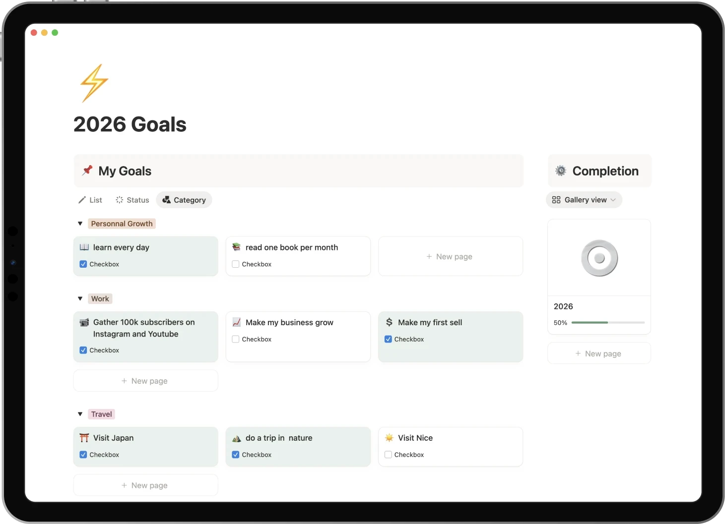 Ipad displaying the Goals template: Set yearly goals and celebrate milestones.