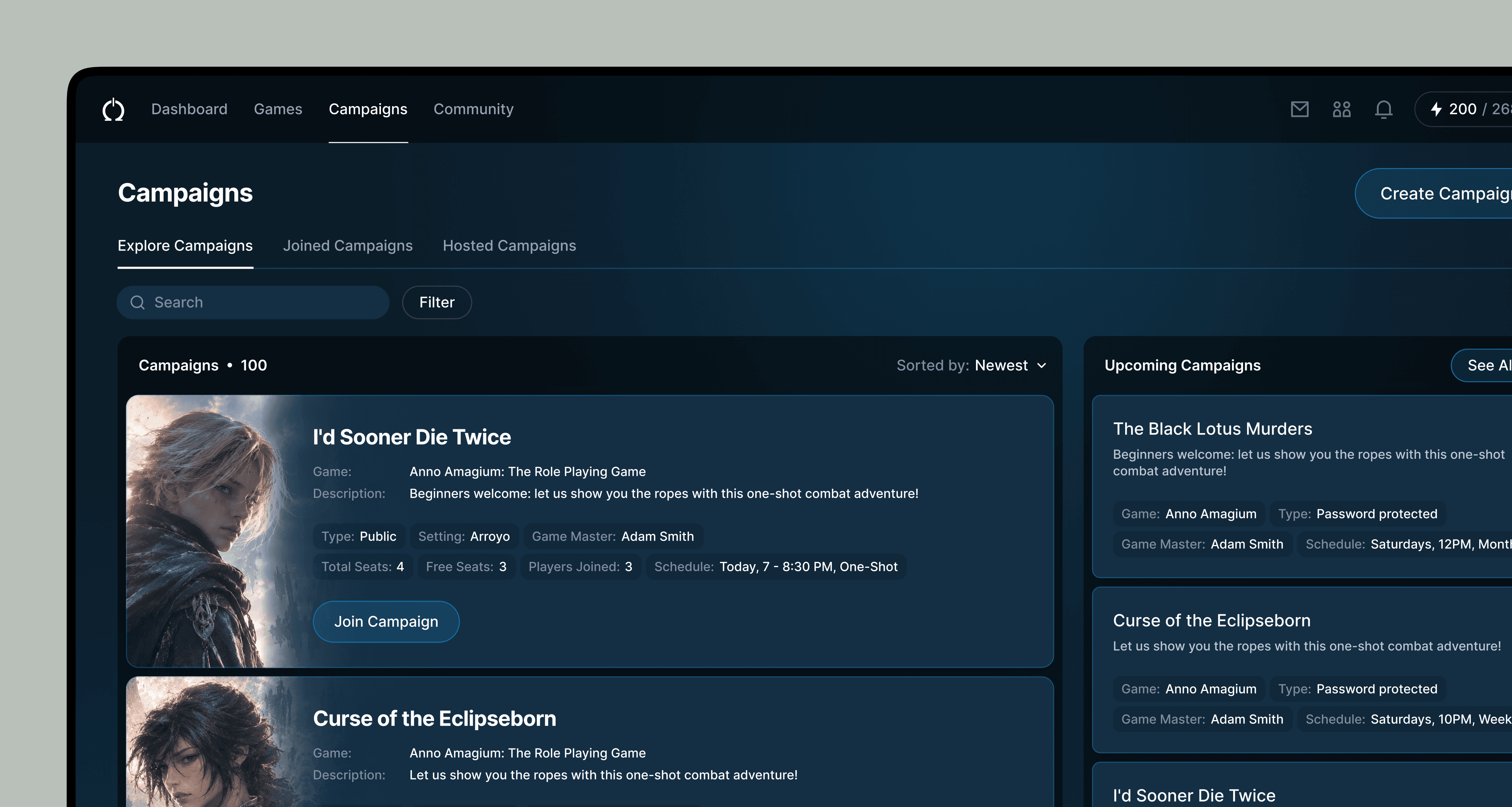 Echelon tabletop RPG campaign discovery interface