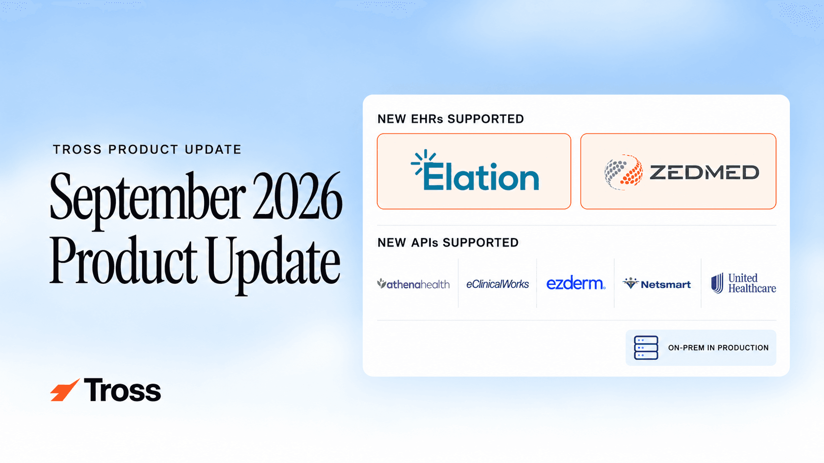 Tross September 2026 product update announcing Elation and Zedmed integrations, new APIs across five healthcare systems, and on-prem deployment now in production.
