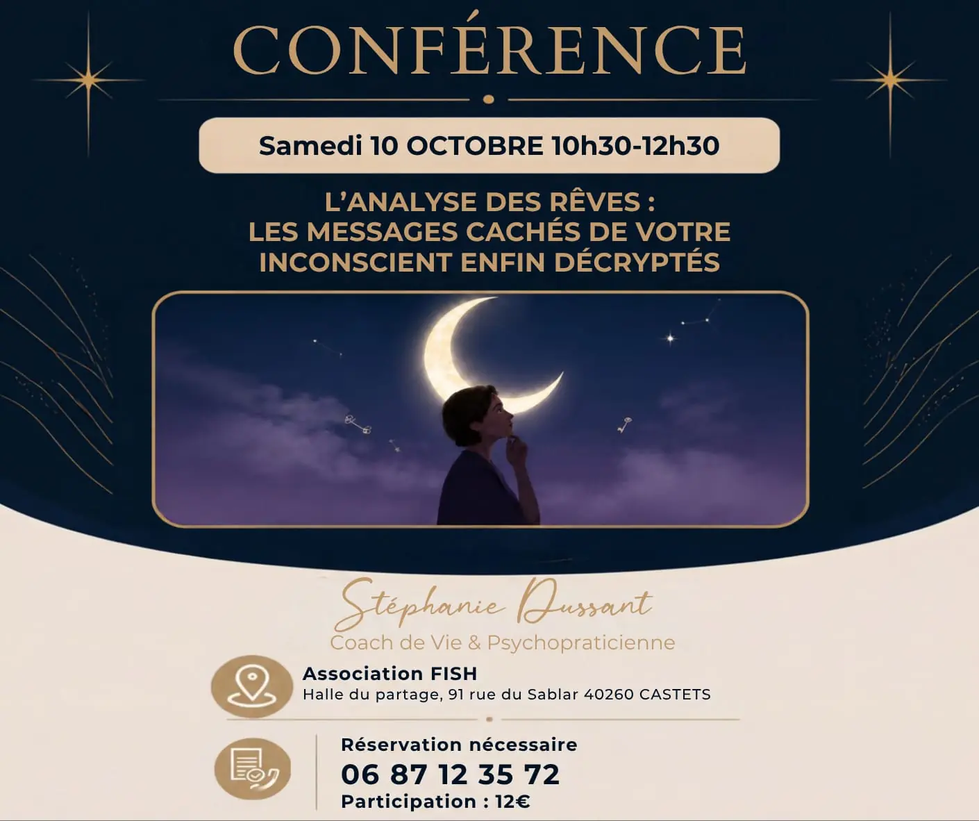 Affiche de la conférence sur l’analyse des rêves animée par Stéphanie Dussaut à Castets le 10 octobre 2026