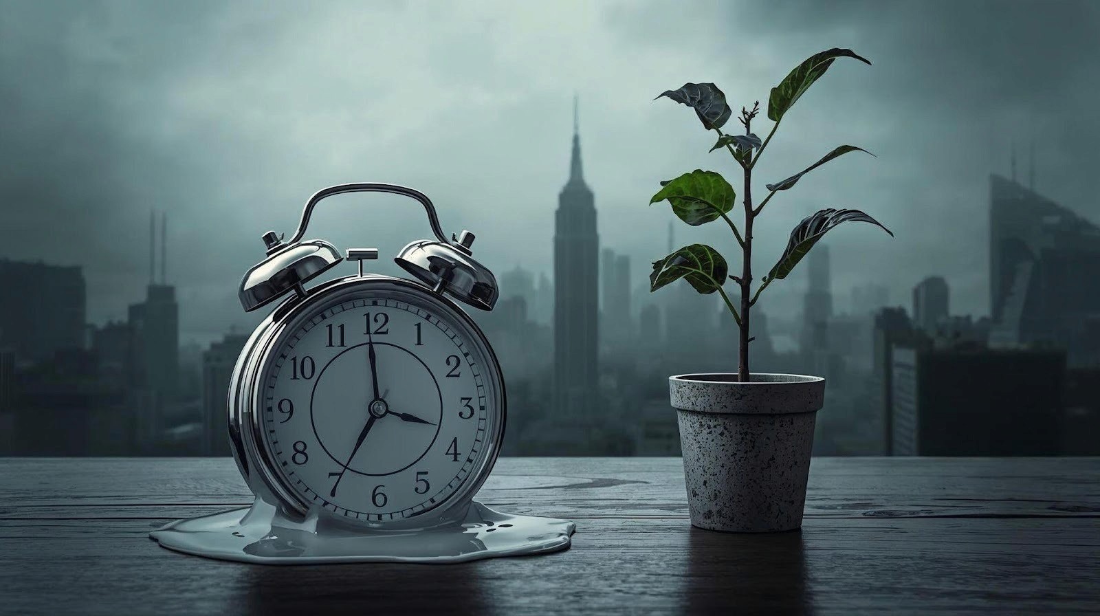 Ilustração de um relógio derretendo e planta em ambiente de poluição.