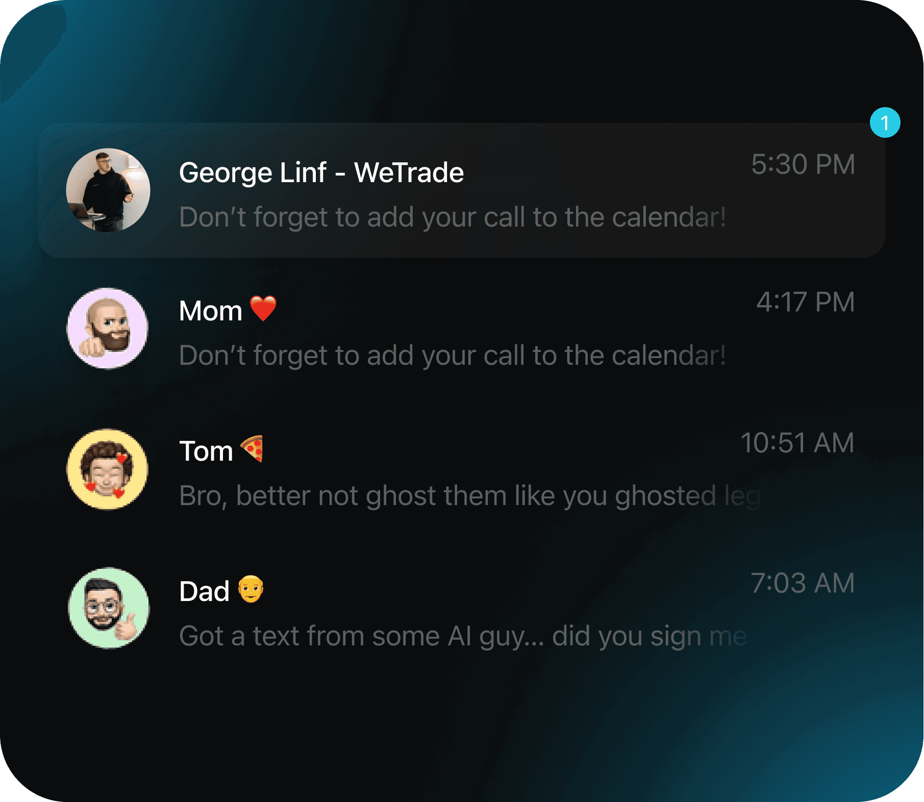 A smartphone screen displays a messaging app with notifications from various contacts, showcasing messages with emojis, including hearts and smiley faces, emphasizing reminders and social exchanges.