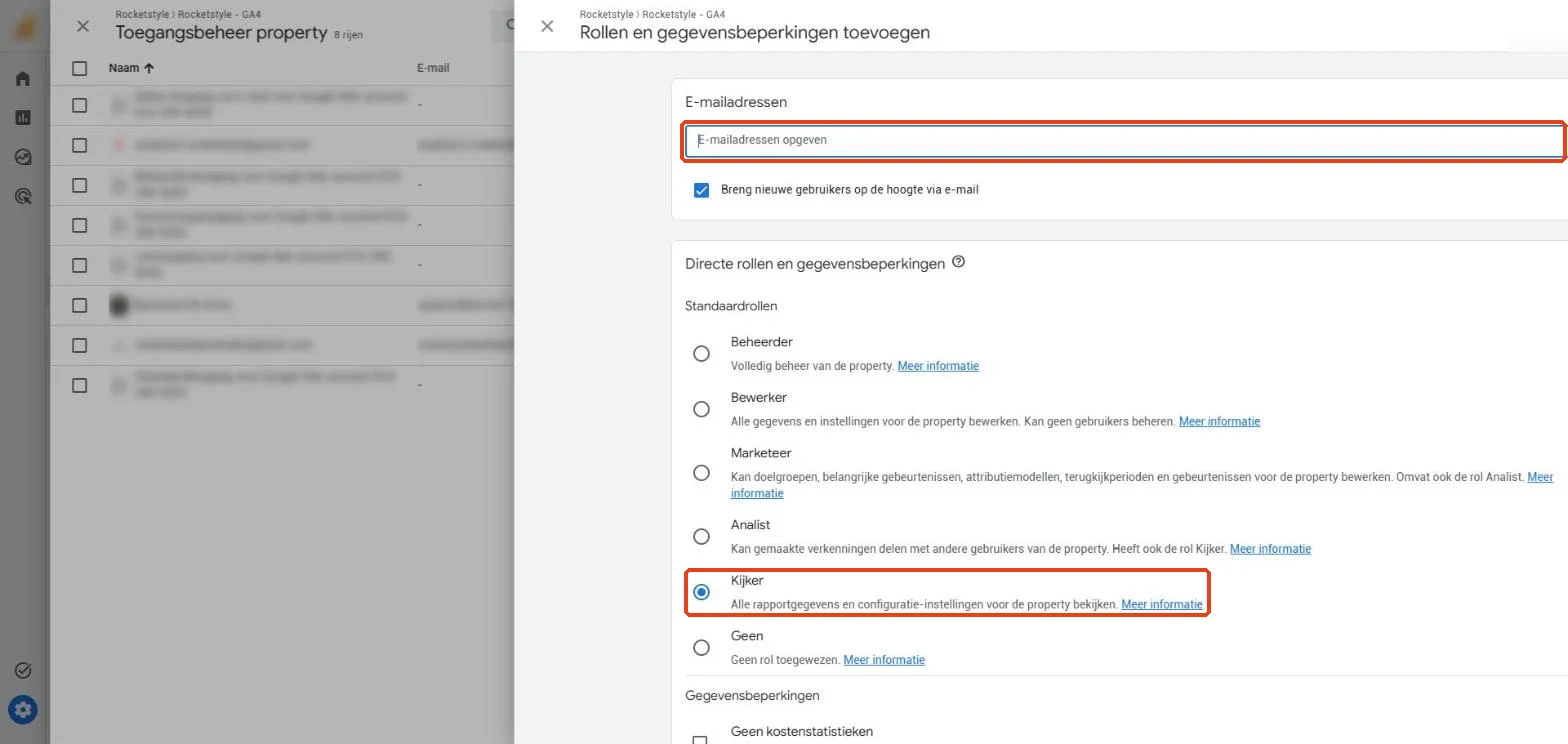 Het formulier met het veld voor het e-mailadres en de rol Kijker geselecteerd