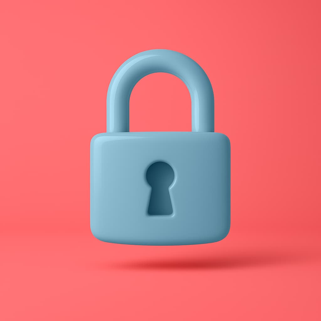 3D illustration of a closed blue padlock on a coral background, symbolizing privacy, security, and the protection of personal information.