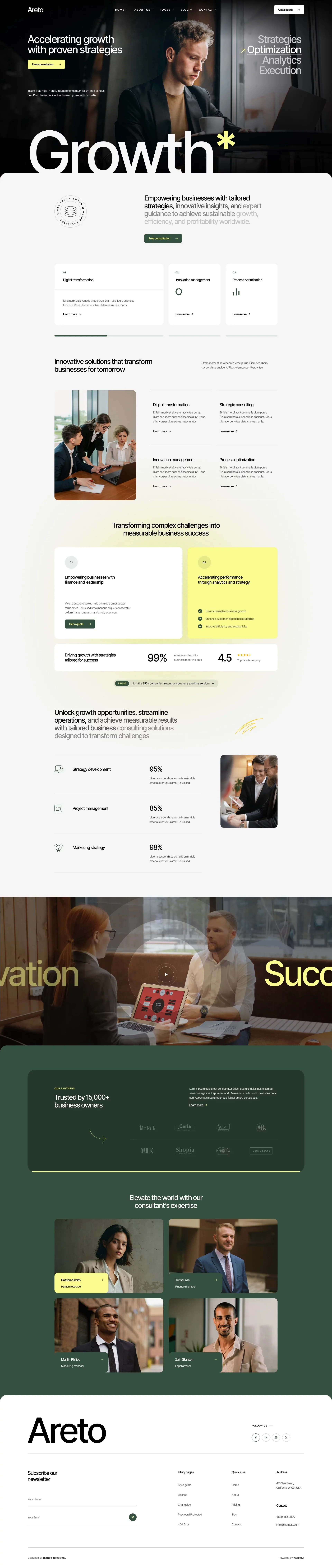 Areto - Webflow HTML website template landing page screenshot showcasing Finance and HR design