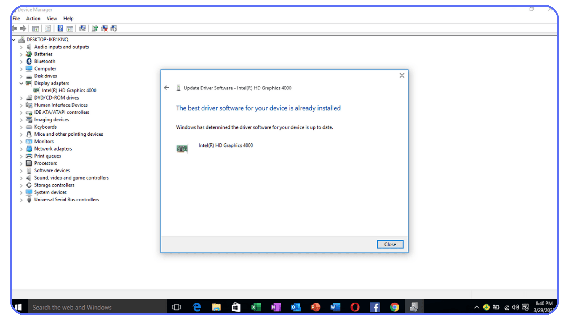 Windows Device Manager window showing Intel HD Graphics 4000 driver update confirmation, illustrating how to check and update GPU drivers to prevent ZBrush crashes.