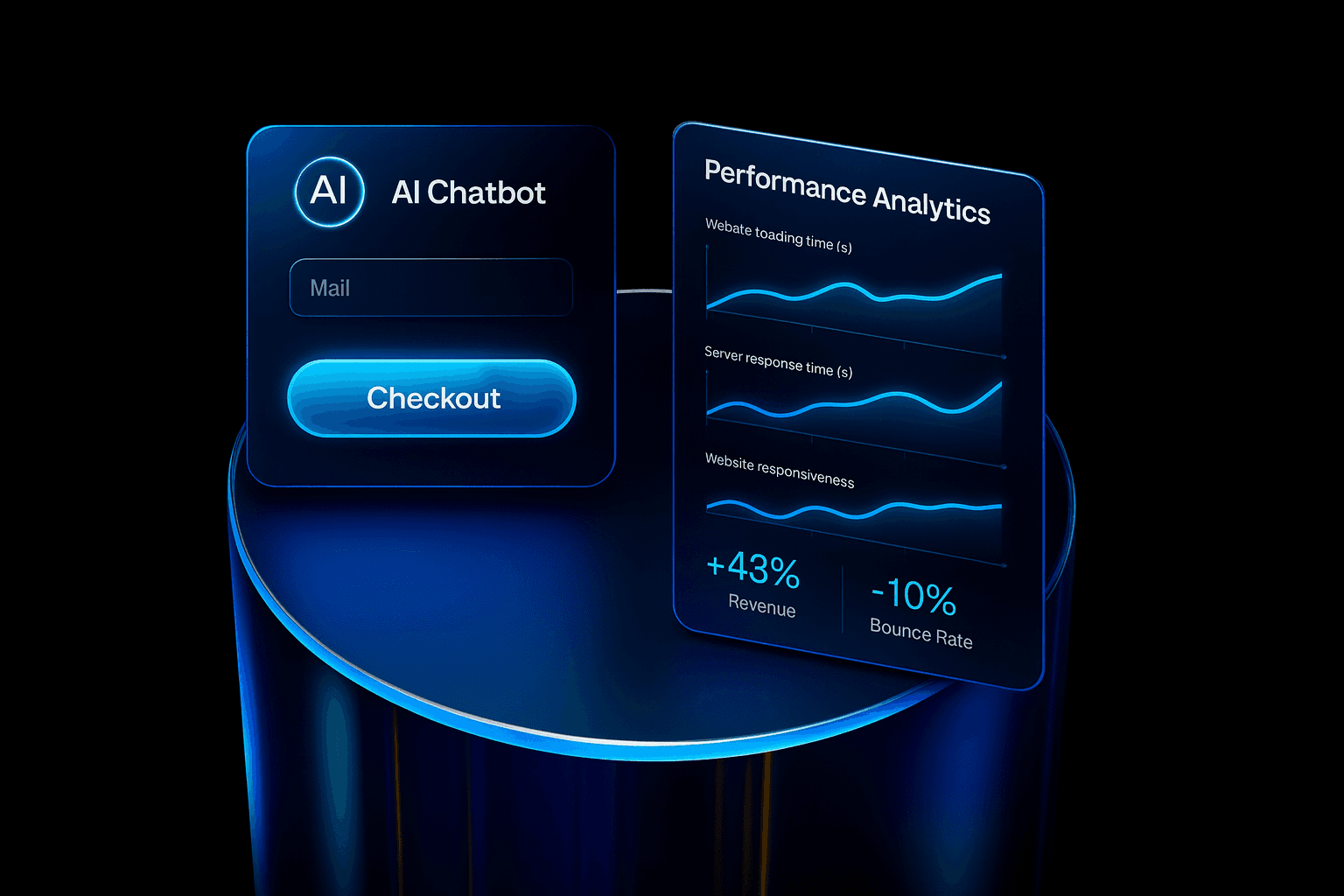 AI chatbot checkout screen with analytics showing reduced bounce rate and faster page load speed