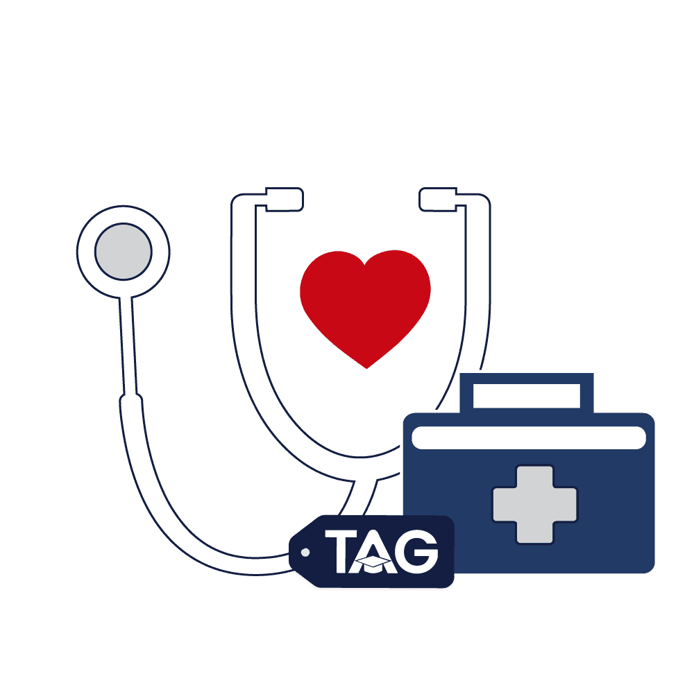 Blue first-aid kit with stethescope and red heart