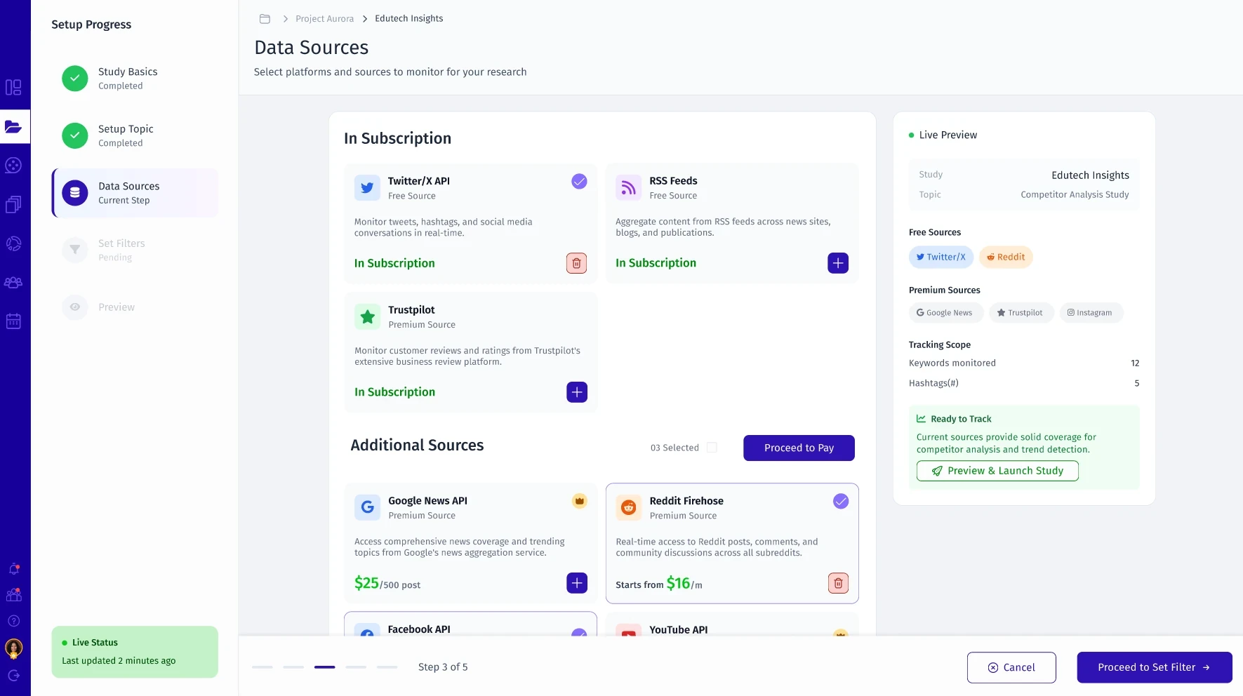 Step 3, Data Sources: sources in the subscription and additional sources as cards, with a selection counter.