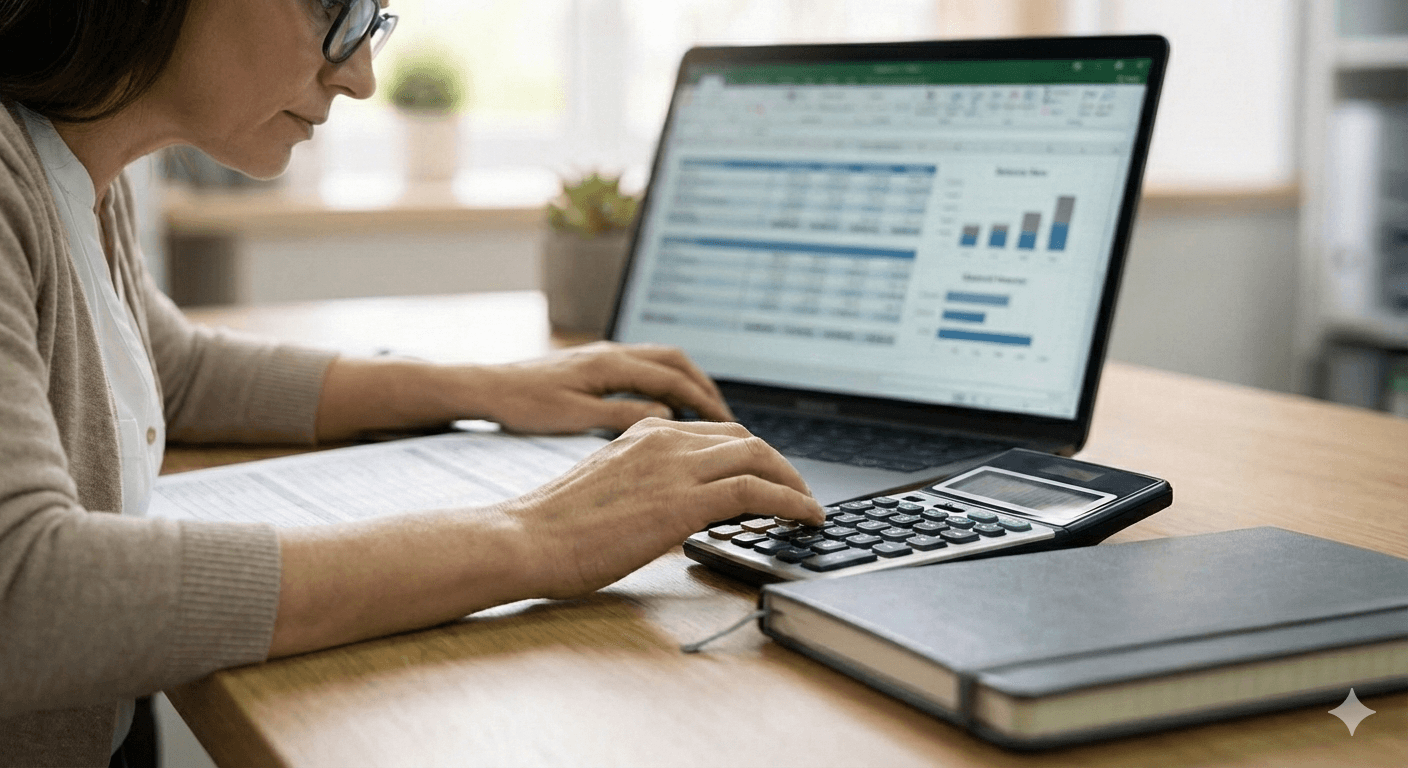 Finanzlogik und MwSt-Konfiguration in der Trade-In Software: Eine Buchhalterin arbeitet an einem Laptop mit einer komplexen Tabellenkalkulation und nutzt gleichzeitig einen Taschenrechner. Die Szene verdeutlicht die automatisierte Abwicklung von Differenzbesteuerung und Finanzbuchhaltung im Re-Commerce.