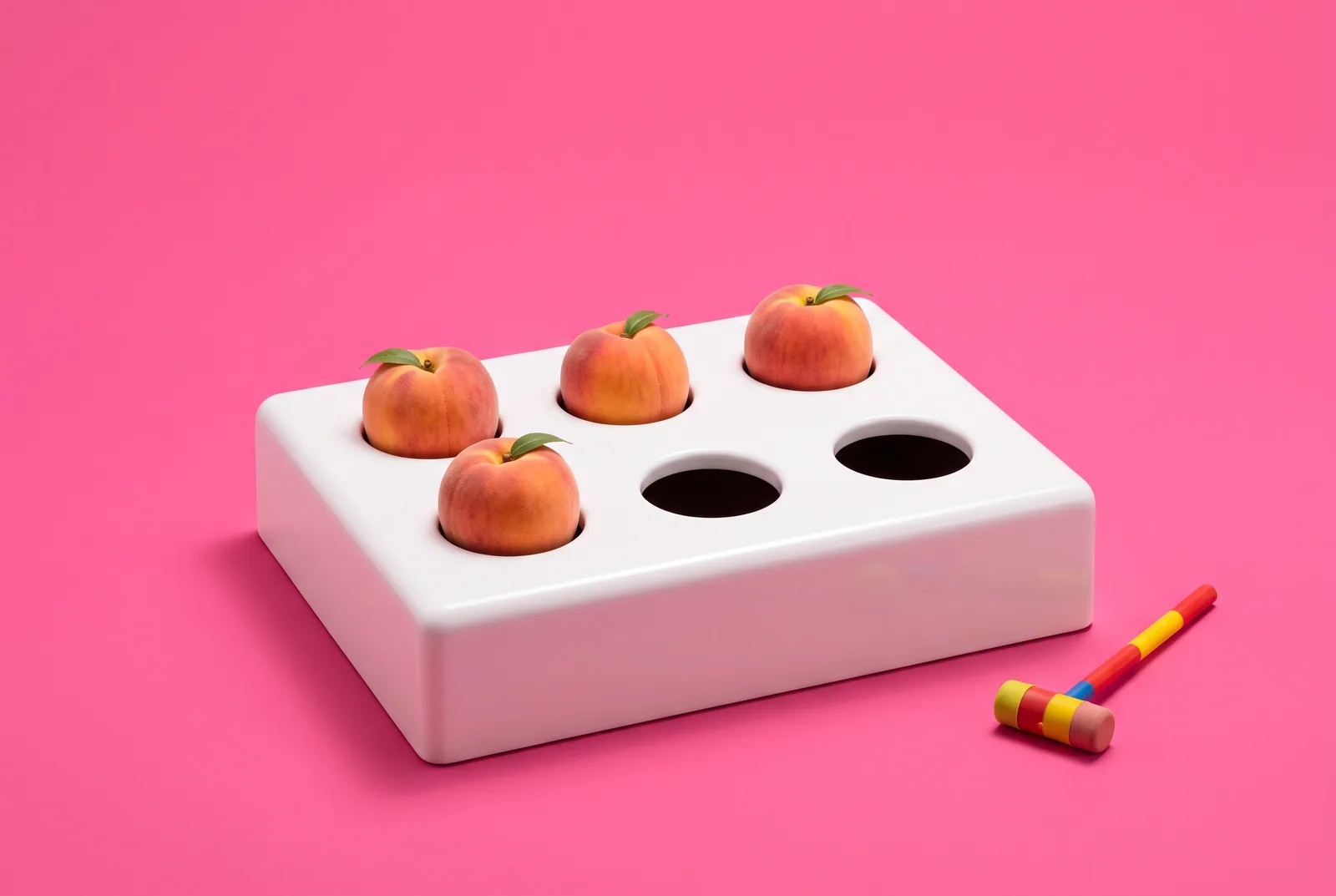 Identical peaches popping up from several holes in a white whack-a-mole board with a toy mallet beside it, why blocking only Pornhub is not enough