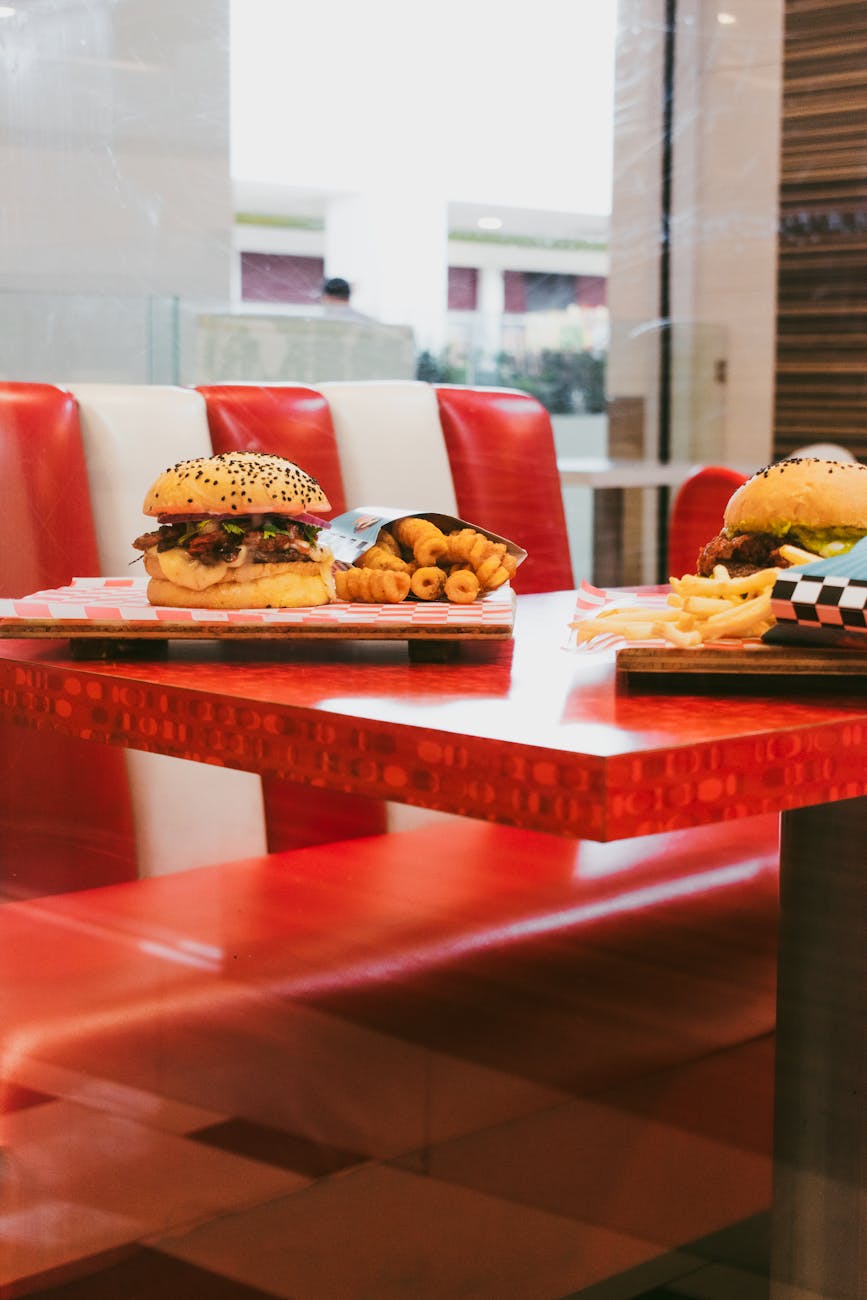 burger and curly fries