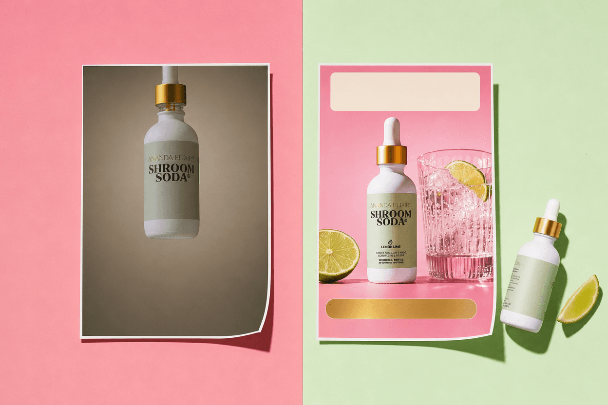 Generative AI design: a raw AI render of an Ananda Elixirs Shroom Soda bottle beside the finished, production-ready story ad