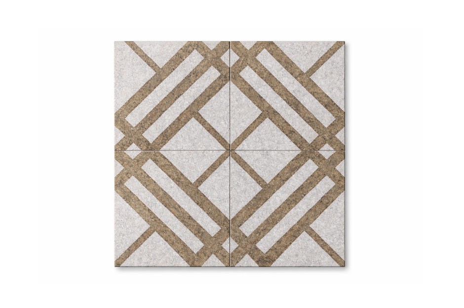 Burb stone tile with intersecting linear grid pattern in textured beige and grey surface for outdoor flooring