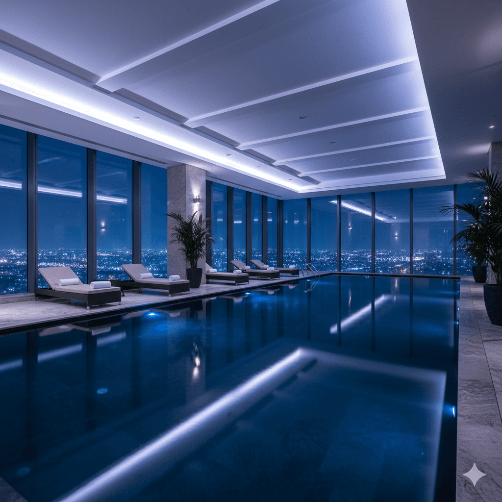 Temperature-controlled indoor infinity pool at M3M Trump Towers Gurugram.