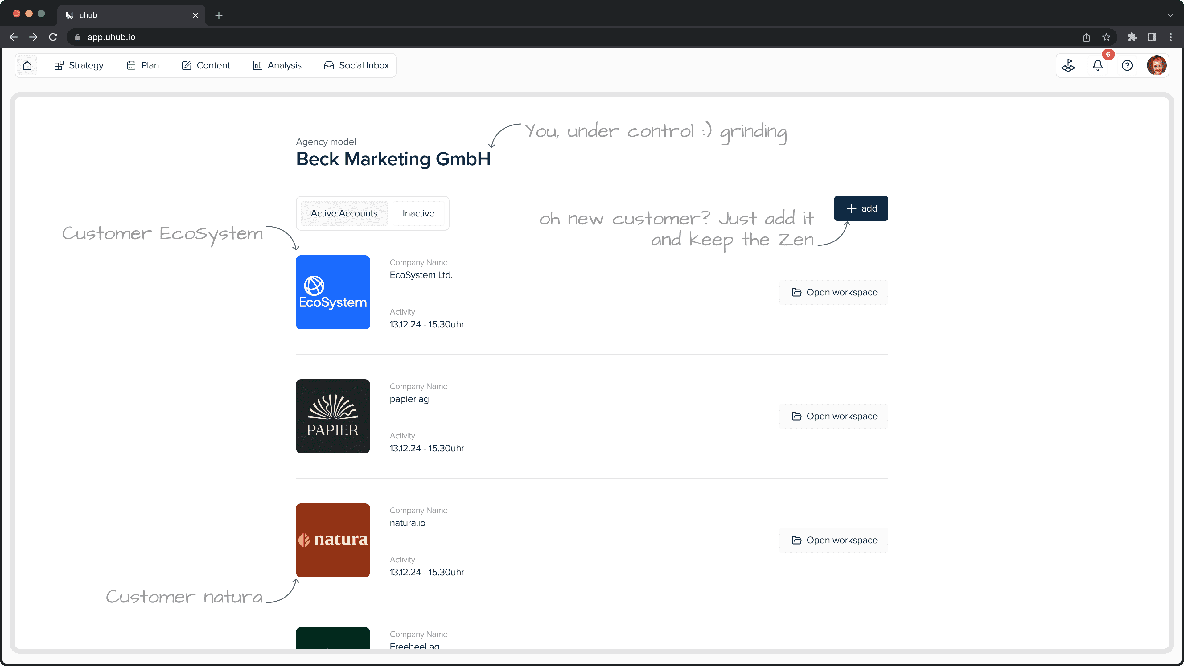 Analyse-Dashboard auf uhub.io zur Auswertung von Engagement, Impressionen und Follower-Daten mit grafischen Darstellungen und Zeitperiodenfiltern zur detaillierten Analyse der Content-Performance und Zielgruppeninteraktion.