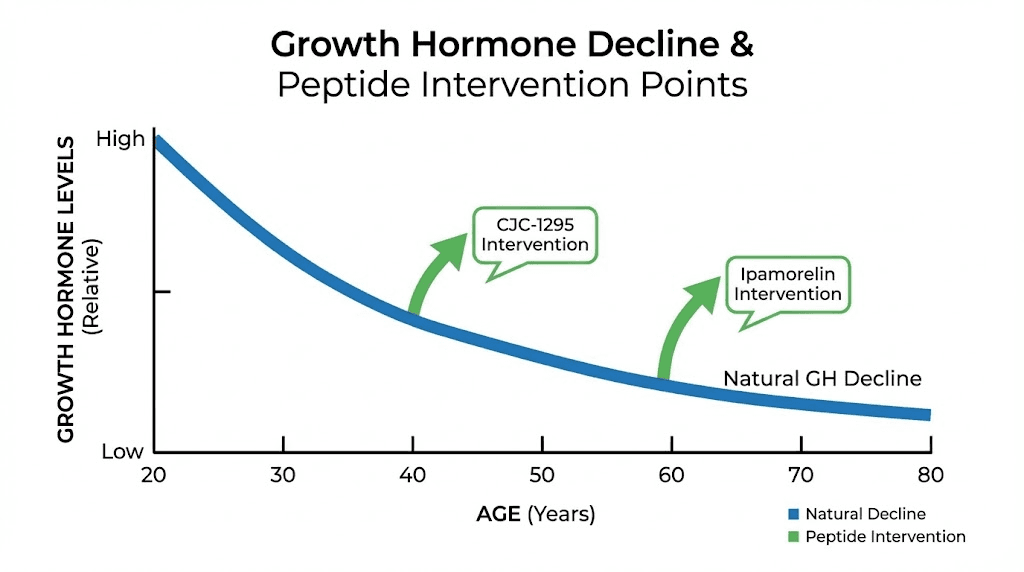 Growth hormone decline with age and peptide restoration chart