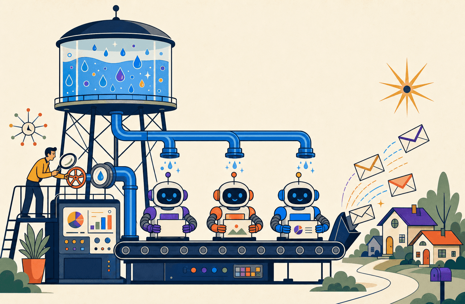 Illustration: Roboter-Agenten am Fließband, gespeist aus einem Datenreservoir