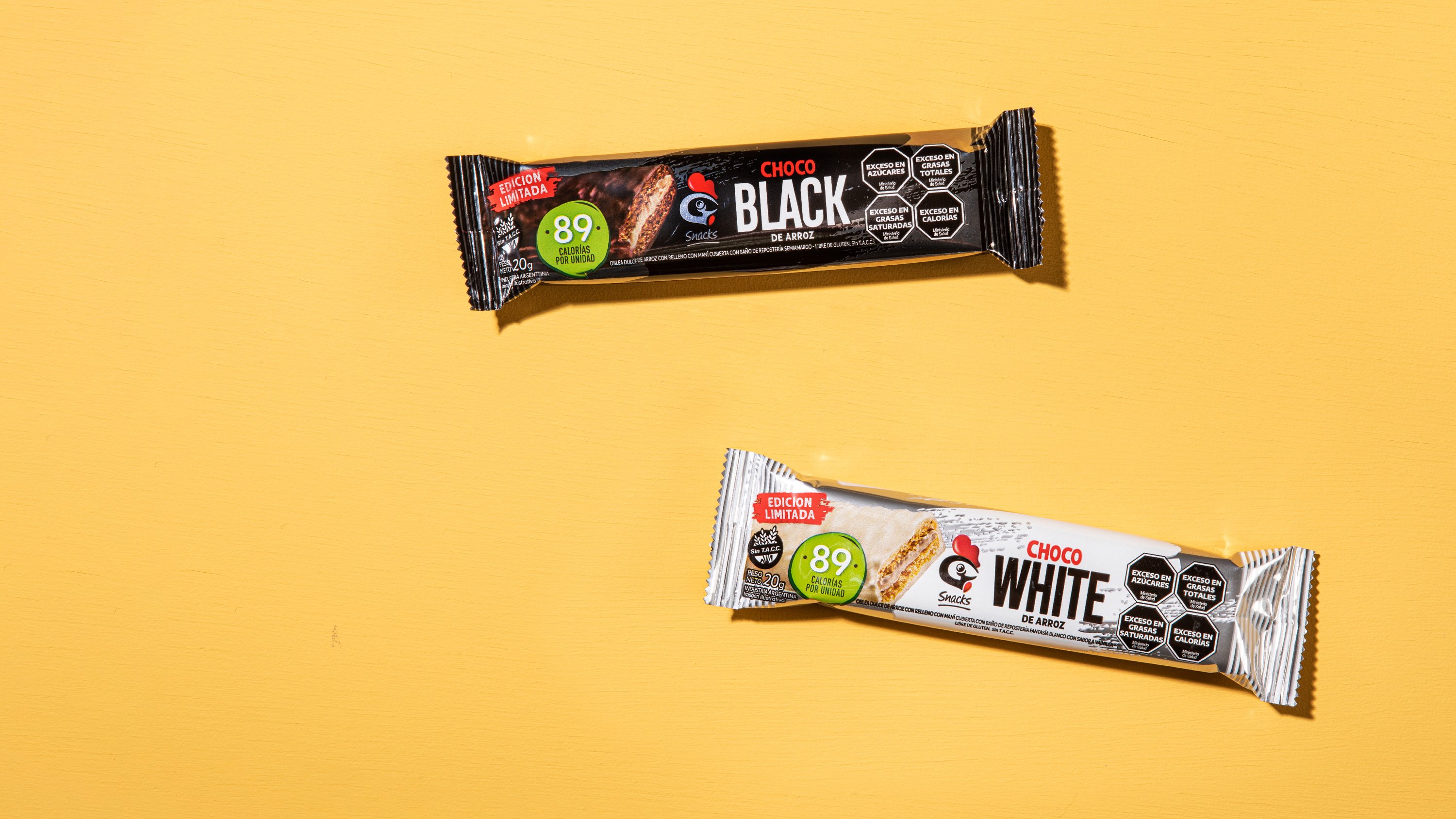 Two chocolate bars on a yellow background, labeled Choco Black and Choco White. Both are limited edition with 89 calories. Bright and minimalistic.