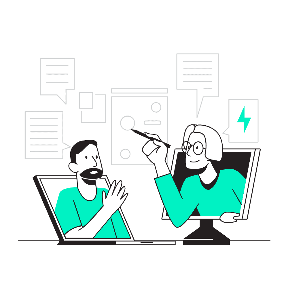 Illustration de deux experts CRM collaborant à distance sur la stratégie commerciale et la configuration d’un CRM HubSpot