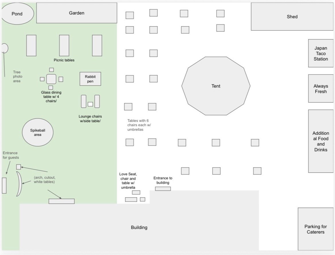 Venue layout plan for Bell Garden Courtyard showing garden, tables, tent, entrances, food stations, and service areas.