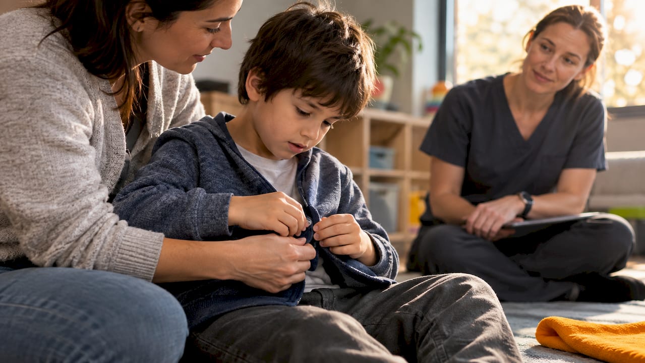 Caregiver guiding child through daily living task
