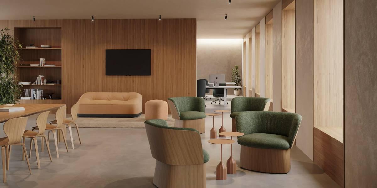 Architectural office lounge with sculptural seating, indoor trees, and glass structure