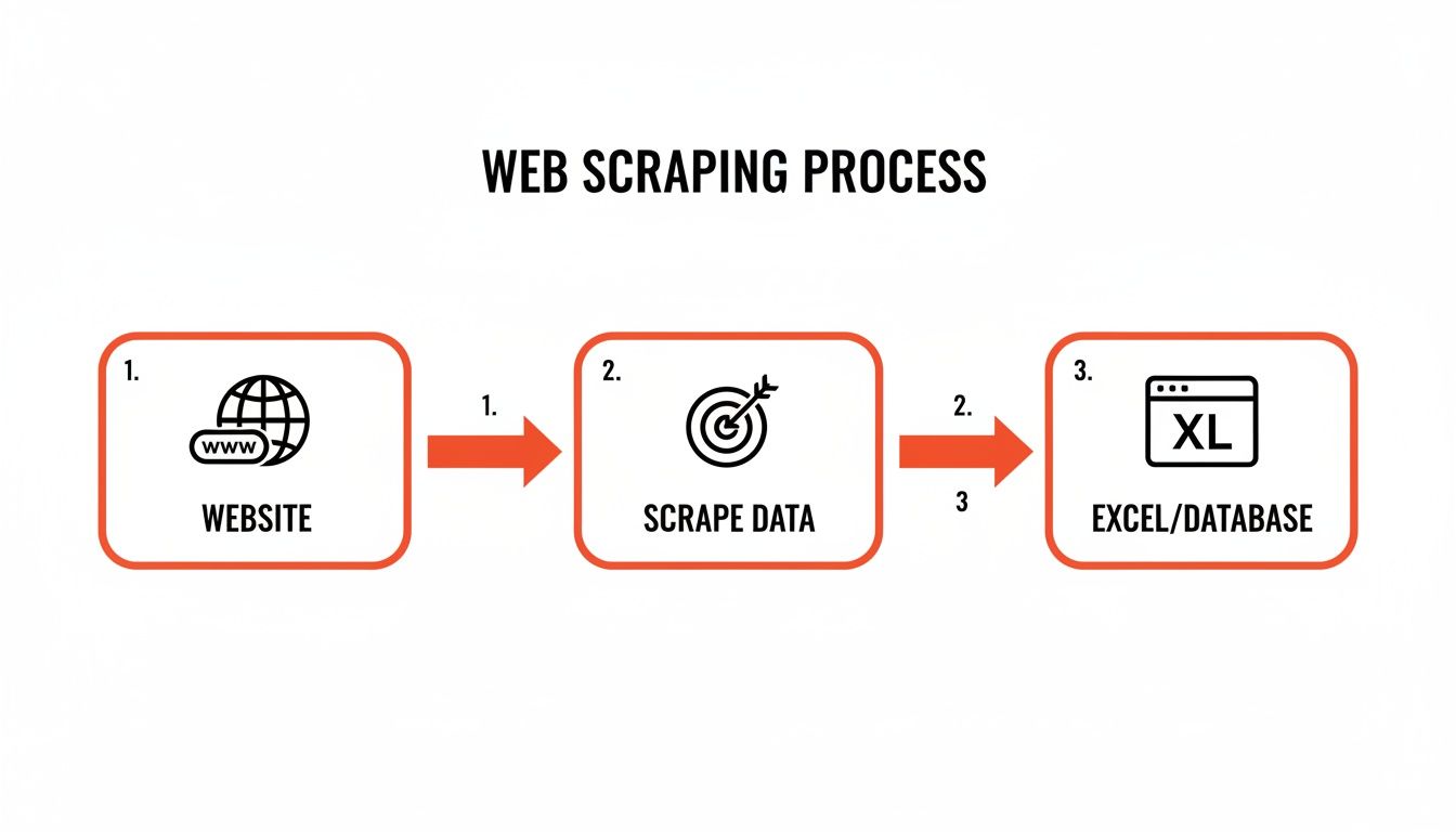 A visual diagram of the web scraping process, showing data flowing from a website to Excel or a database.