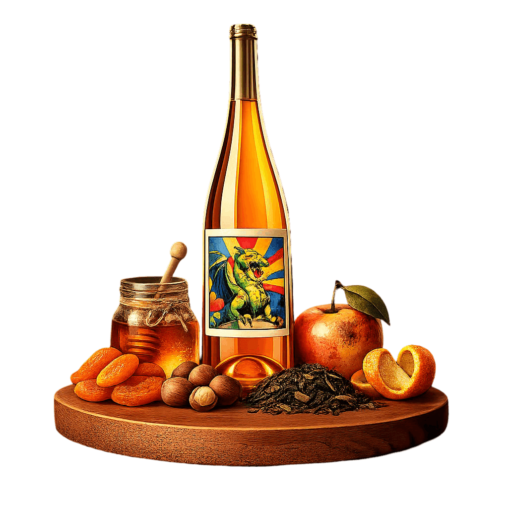 Artistic label and flavor profile for Slovenian Orange Wine on a rustic wooden table.