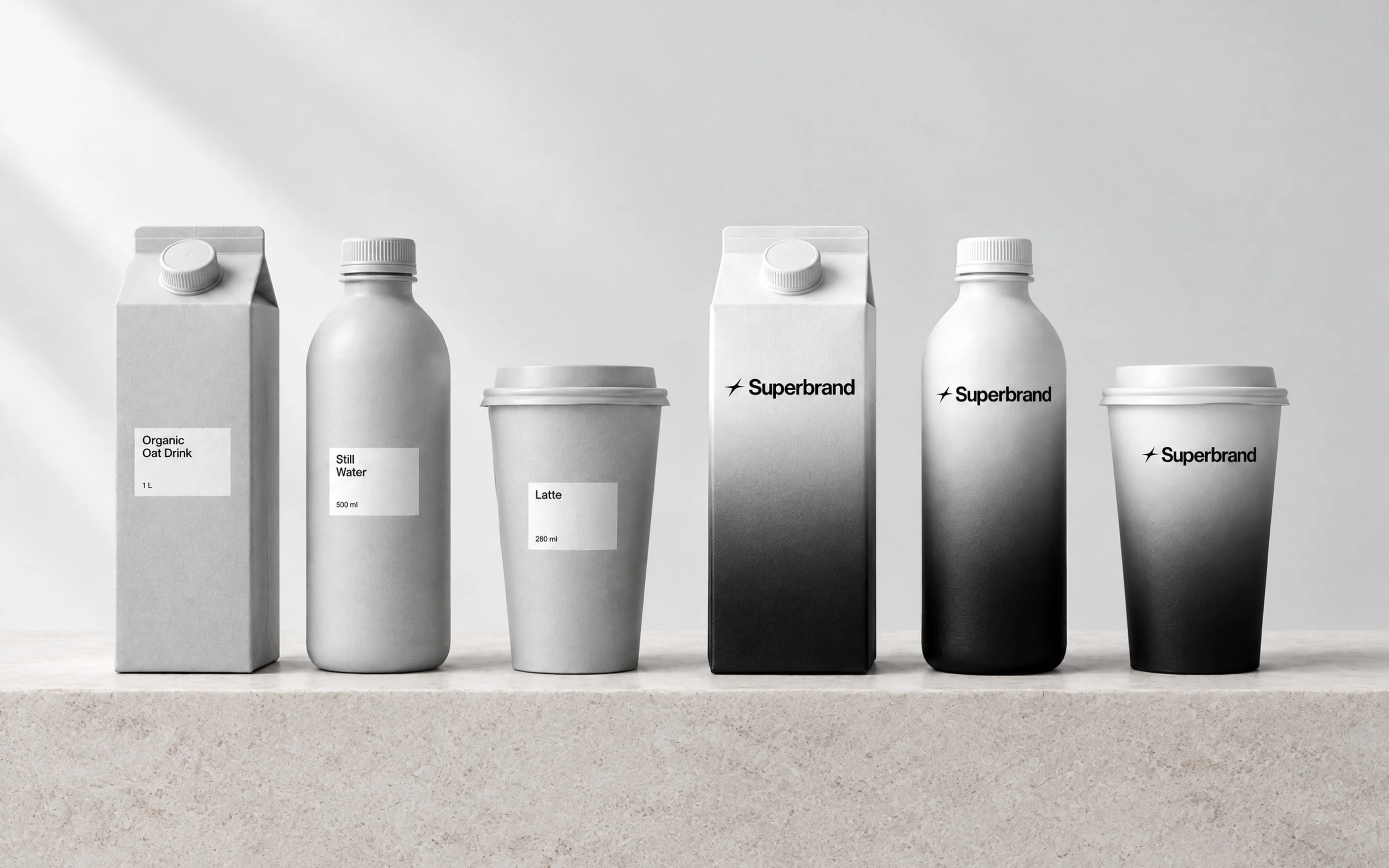 Plain grey cartons, bottles and cups beside their rebranded Superbrand versions, which fade from white to black.
