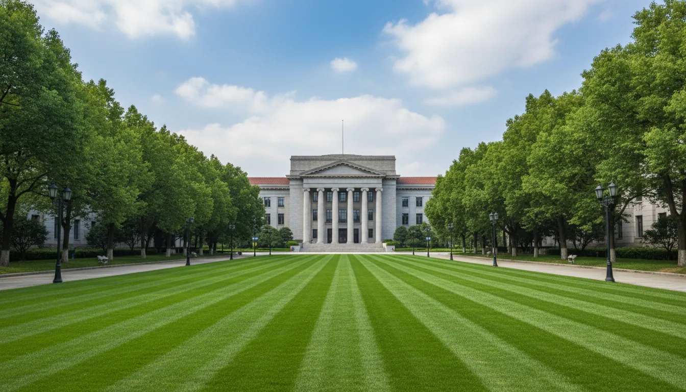 A wide-angle DSLR photograph from a low-angle perspective, capturing the grand, symmetrical main building of Tsinghua University. The monumental stone building with its colonnaded entrance is perfectly centered, viewed across a vast, manicured green lawn with striped patterns. The scene is illuminated by bright, natural daylight under a vast blue sky filled with soft, white clouds. Lush green trees and classic lampposts flank the concrete pathways that lead towards the building, creating strong leading lines. The entire image is in sharp focus, conveying a sense of scale and academic prestige.