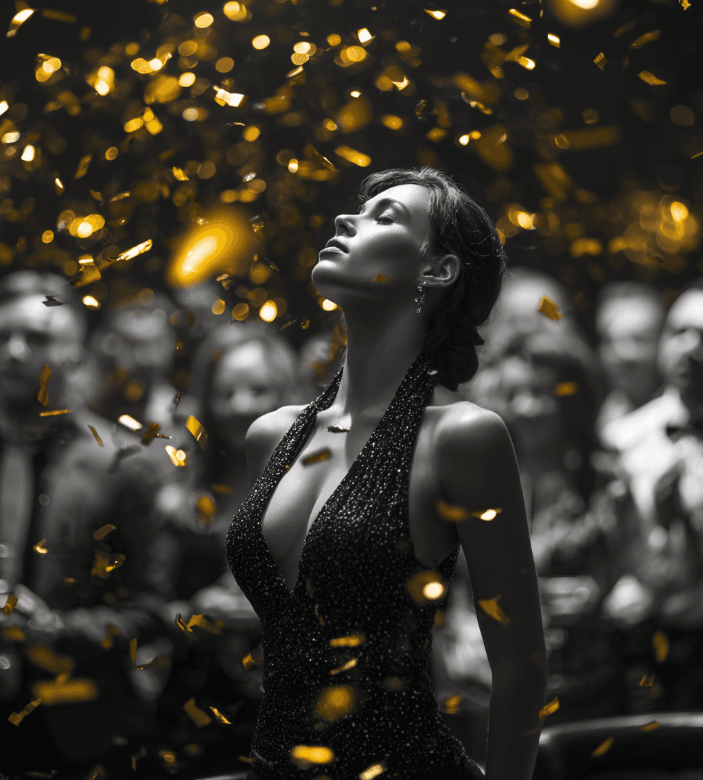 Woman in black sequined dress with golden bokeh lights, luxury portrait photography