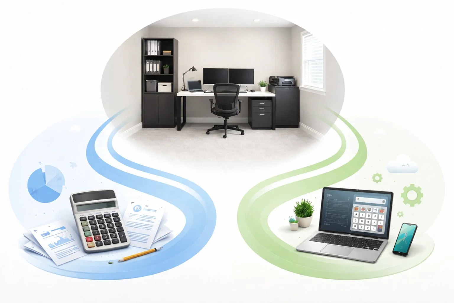 Home office scene with two branching pathways, symbolizing a choice between two calculation methods, with no text displayed.