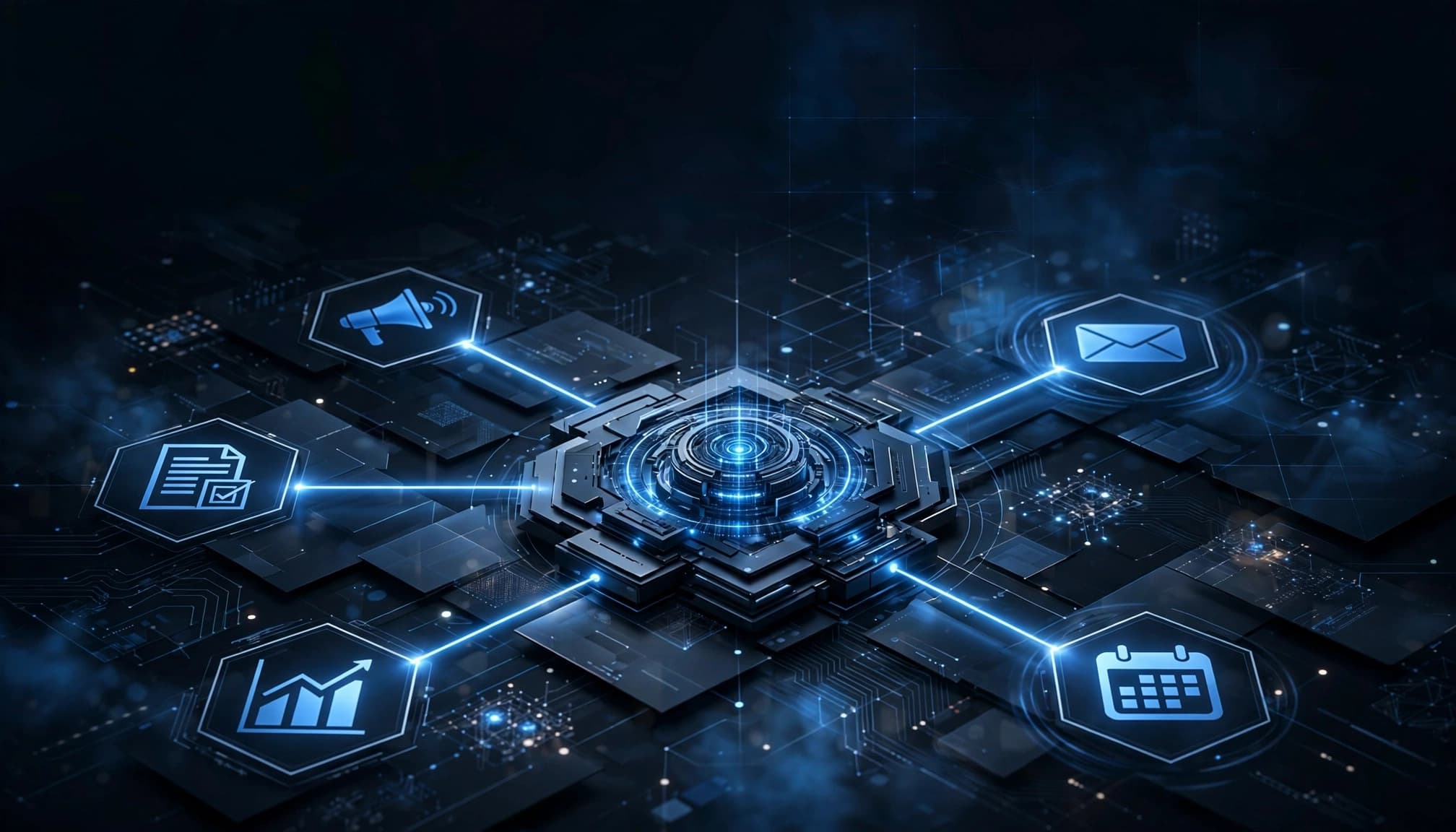 Blue pathways connect a CRM hub with marketing, email, calendar, and reporting tools.