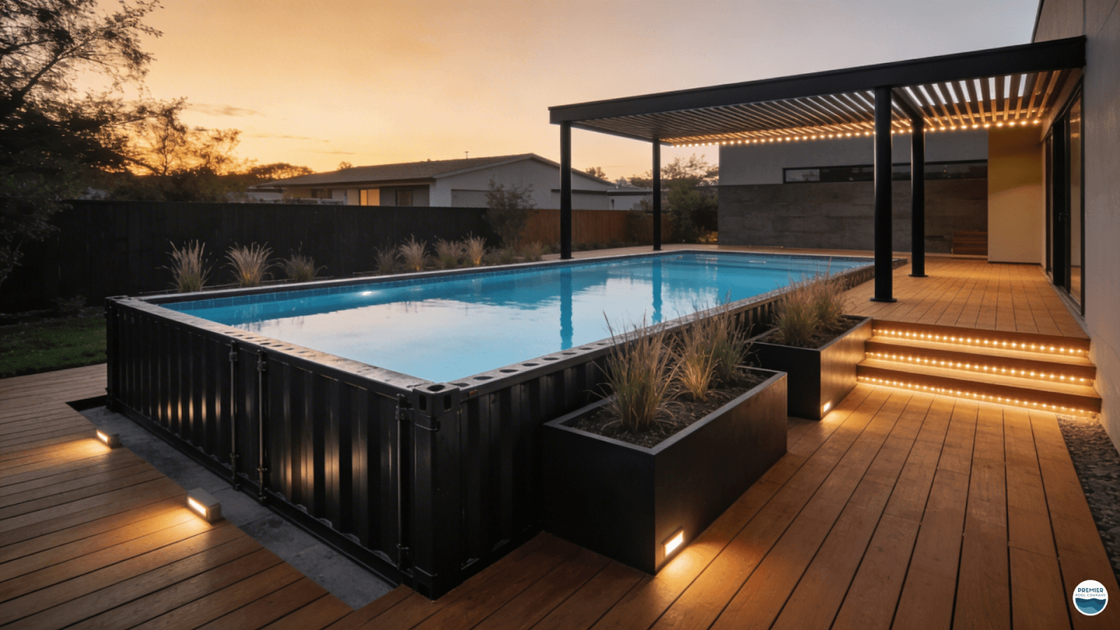 Creative container pool integration in a modern backyard with decking and pergola