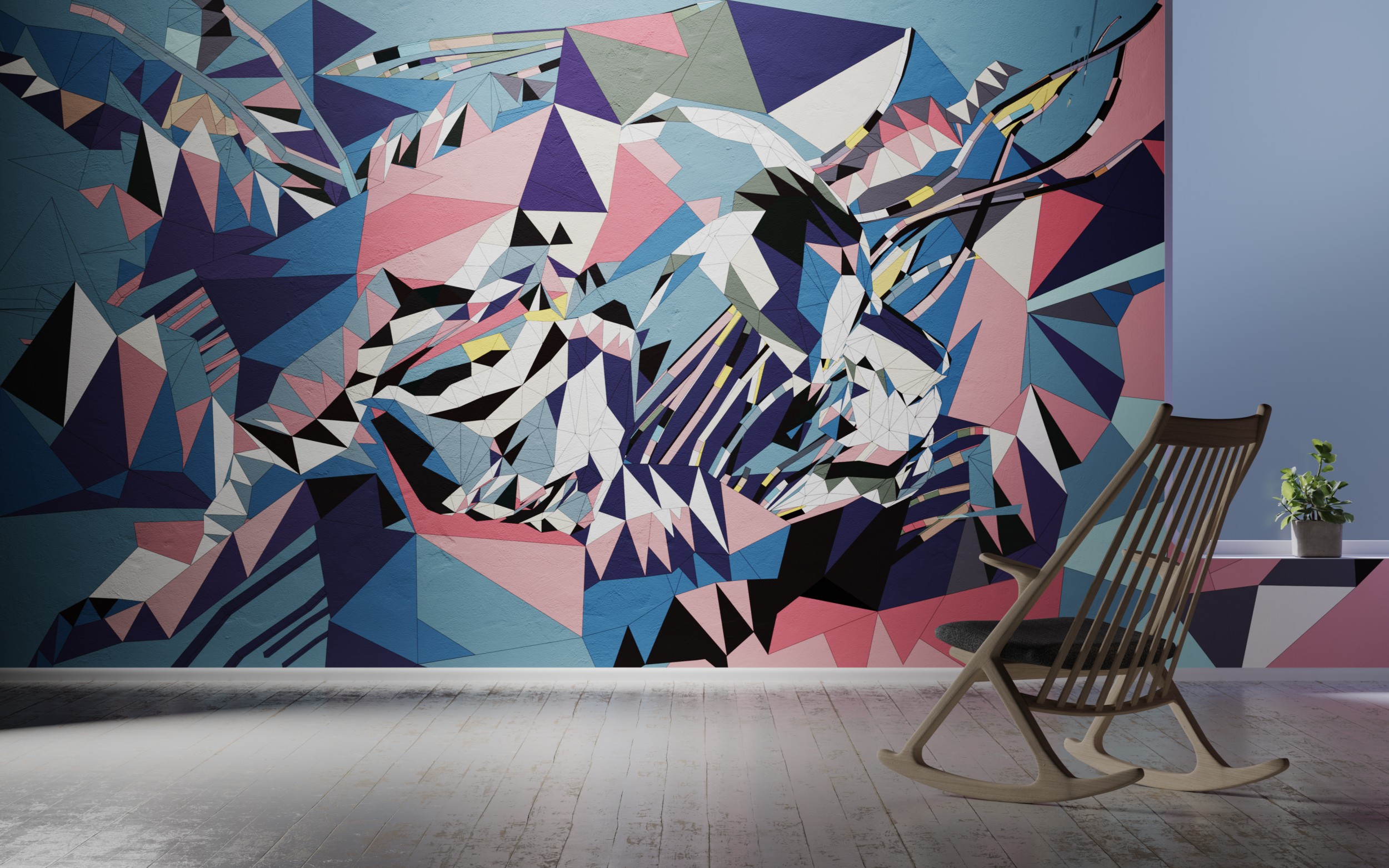 A mural of Complex geometric patterns in muted, calming tones