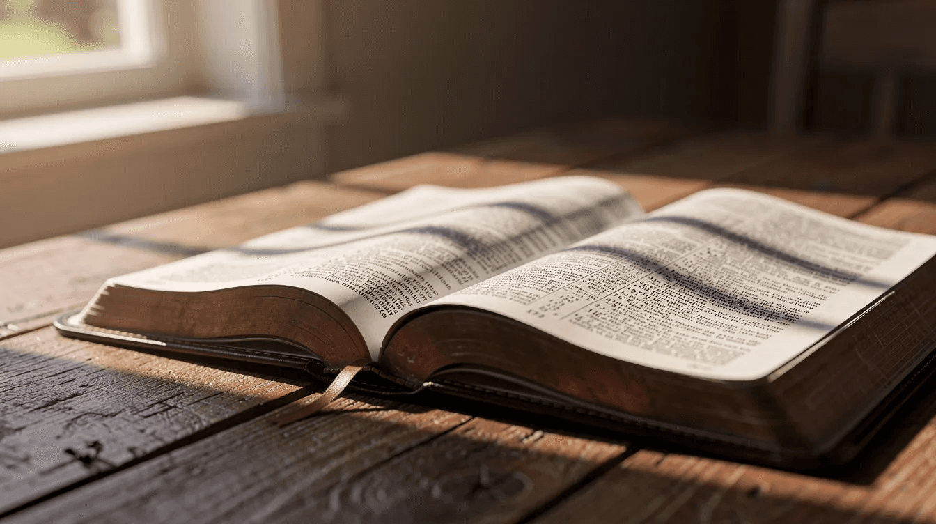 An open Bible lies on a wooden table, bathed in warm natural light streaming through a nearby window, symbolizing reflection and the complexities of family dynamics, especially during times of grief and inheritance disputes among adult children. The serene setting contrasts with the potential sibling rivalry that can arise after a parent dies and decisions about unequal shares of property are made.