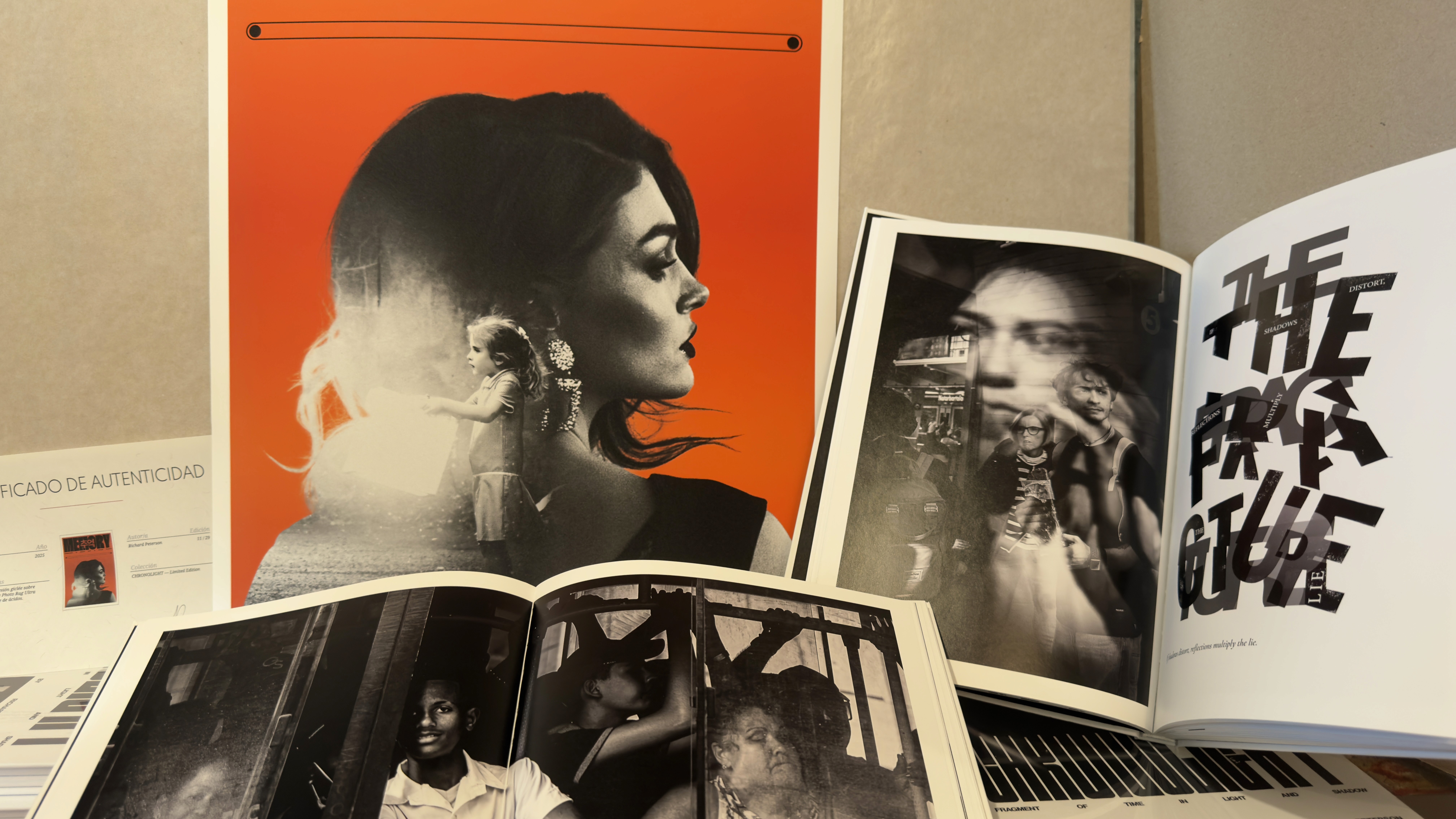 Chronolight photobook open spread and Memory poster by Richard Peterson displayed with fine art photography prints.