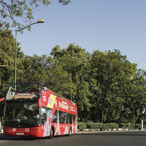 Sebuah bus tur bertingkat dua berwarna merah dengan atap terbuka diparkir di jalan yang dikelilingi pepohonan di bawah langit biru cerah.