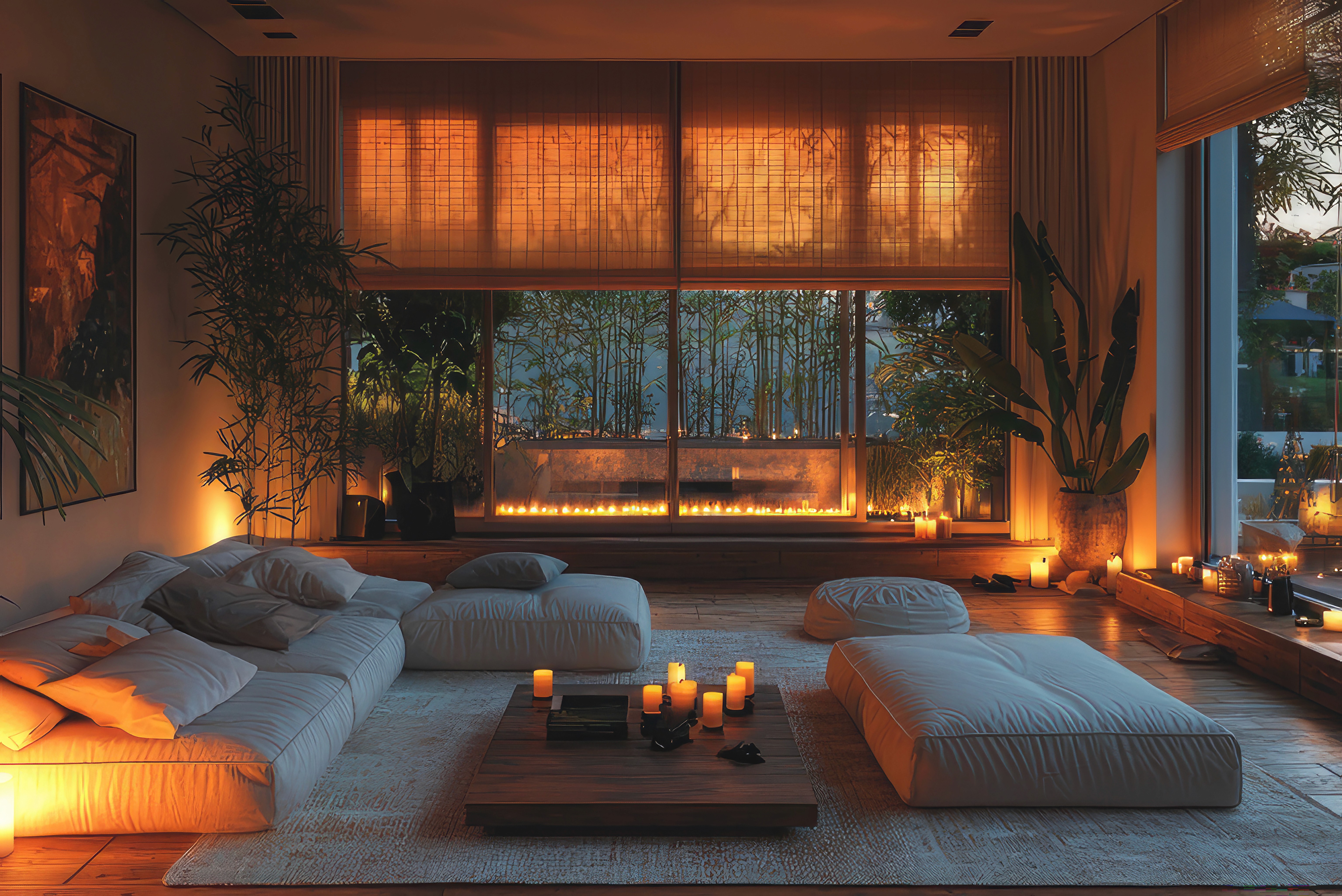 A cozy living room with low sofas, a central wooden table, and numerous lit candles. Soft, warm lighting and large windows create a tranquil ambiance.