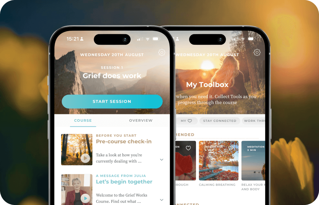 Two phones showing the Grief Works app for guided, self-paced healing.