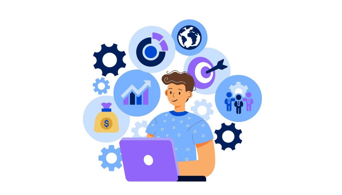 Illustration of a person working on a laptop surrounded by icons of gears, charts, targets, and people, symbolizing career research and evaluation before making a decision.