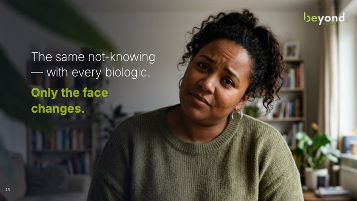 Pitch-Folie Beyond Diagnostics: nachdenkliche Frau, dazu โThe same not-knowing, with every biologic. Only the face changes.โ
