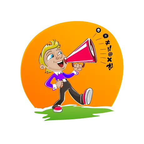 Illustration the Lil' Rascal character shouting expletives through a red megaphone.