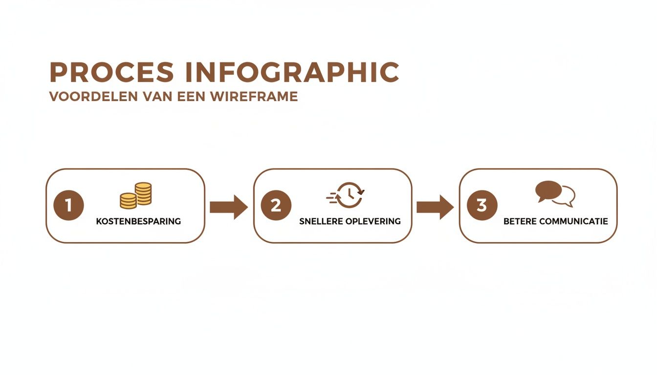Infographic die de drie belangrijkste voordelen van een wireframe toont: kostenbesparing, snellere oplevering en betere communicatie.
