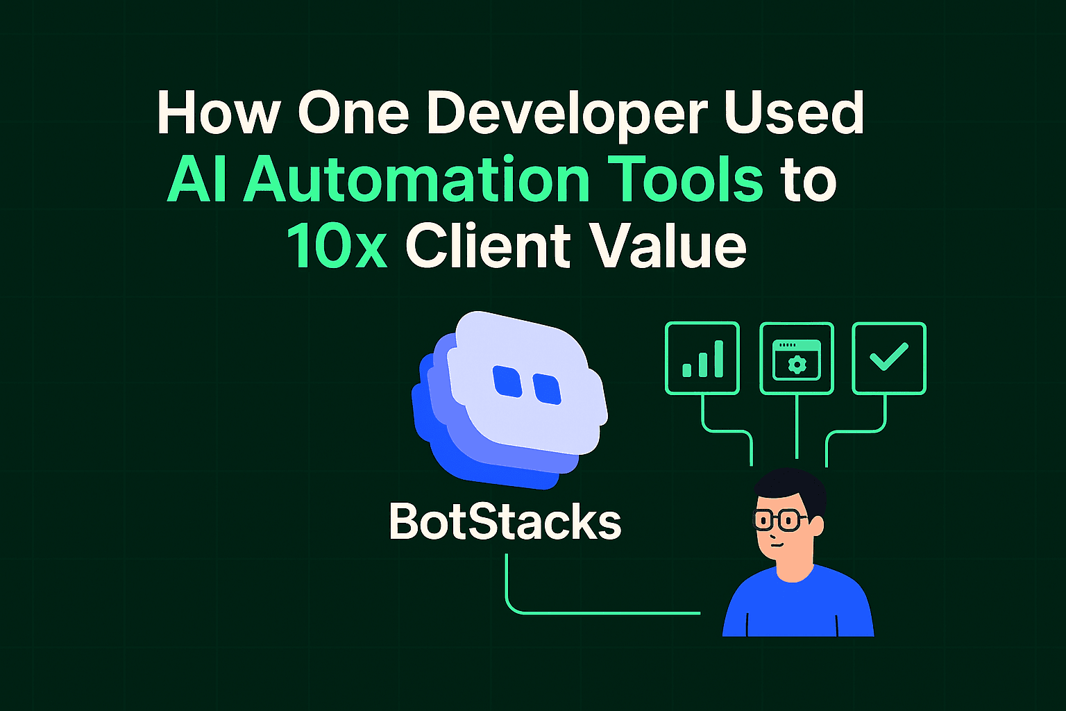 Marketing image for BotStacks showing 'How One Developer Used AI Automation Tools to 10x Client Value' in white and bright green text against a dark green background. The BotStacks logo (a stylized blue and white chat bot icon) appears centrally, connected to a cartoon developer figure with glasses and blue shirt. The developer is linked to three glowing green icons representing analytics, configuration, and task completion, illustrating how one person can leverage AI tools to multiply their productivity across different functions.