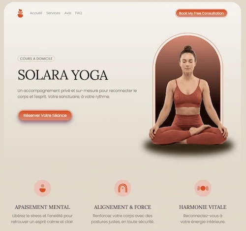 Projet Solara Yoga – Site web yoga à domicile créé par Whiscat Studio