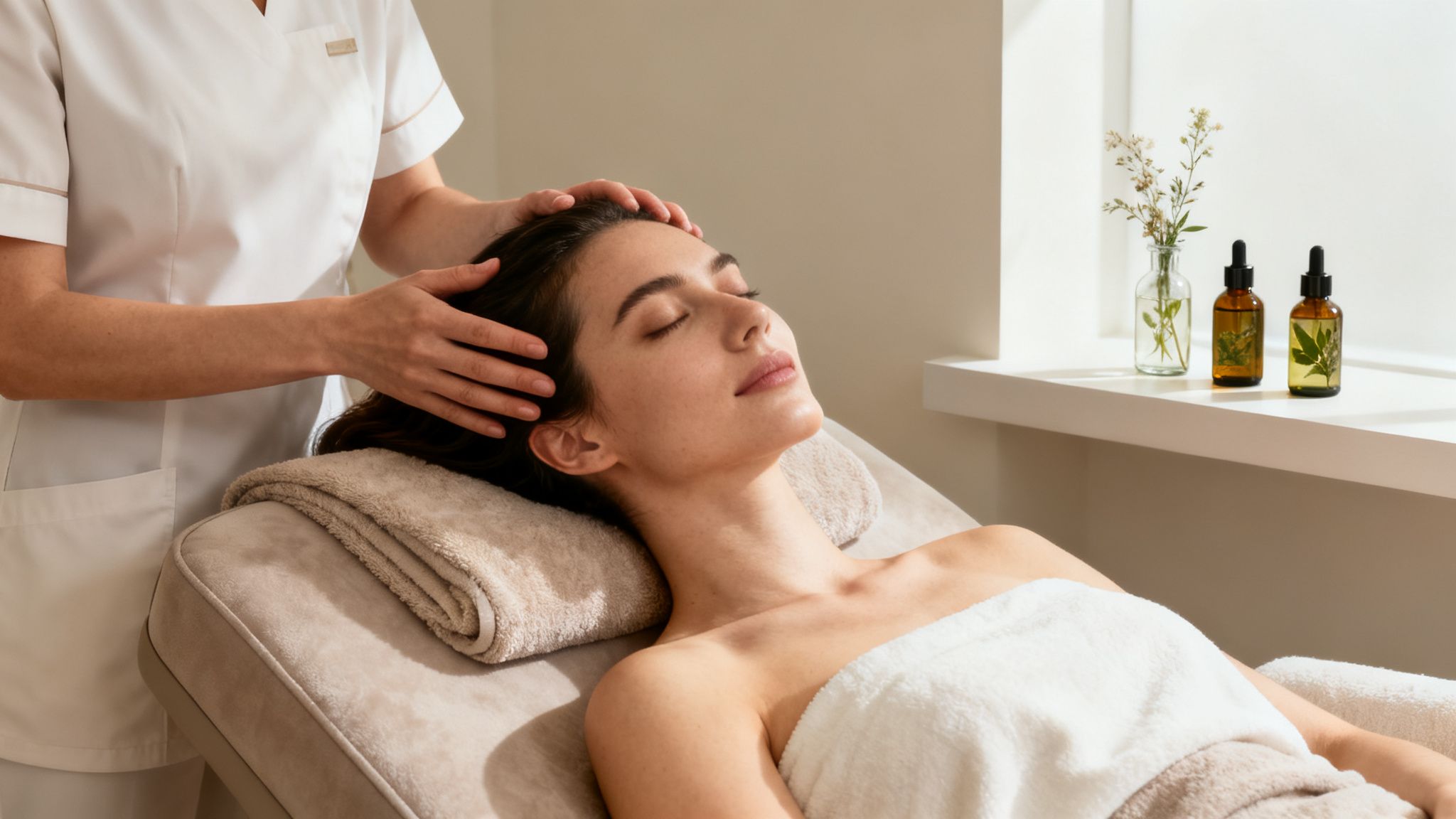 A relaxed woman receiving a scalp massage at a bright spa, with herbal oils on a shelf.